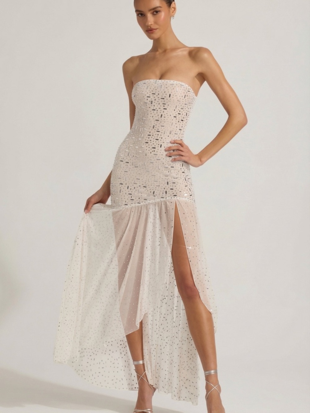 Oh Polly White Strapless Sequin Maxi Dress with High Slit US Size 4